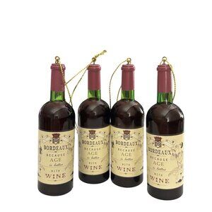 Bordeaux Wine Bottle Christmas Ornaments With Gold String - Set of 4